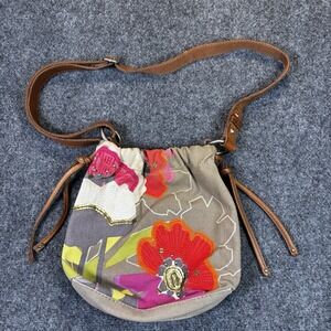 Fossil Zipper Floral Bucket Bags Crossbody Purse Y2K Brown Drawstring Leather